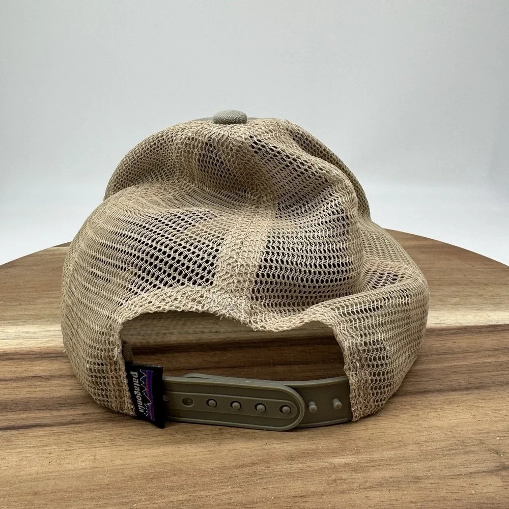 Patagonia Hat Mesh Back Net Plus SnapBack Trucker Green Tan Cap Hat Logo EUC